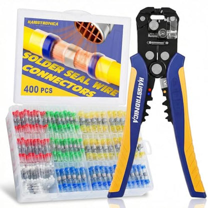 haisstronica 400PCS Solder Seal Wire Connectors Kit with 10-24 AWG Self-Adjusting Automatic Wire Stripper Tool, Waterproof Heat Shrink Butt Terminals for Car, Marine, Trailer, DIY Wiring Projects - size: 400PCS