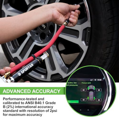Spurtar 10-120 PSI Tire Pressure Gauge with Inflator Heavy Duty | Air Chuck Pressure Gauge with 4 Way Tool Valve Cores Air Compressor Attachments Tire Inflator Nozzle for Car Automotive Truck