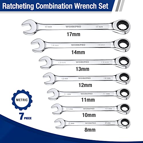 WORKPRO 7-Piece Ratcheting Combination Wrench Set, 72 Teeth, Cr-V Constructed, Combo Ratchet Wrenches Set with Roll Up Pouch, Metric 8mm-17mm - size: Metric