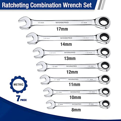 WORKPRO 7-Piece Ratcheting Combination Wrench Set, 72 Teeth, Cr-V Constructed, Combo Ratchet Wrenches Set with Roll Up Pouch, Metric 8mm-17mm - size: Metric