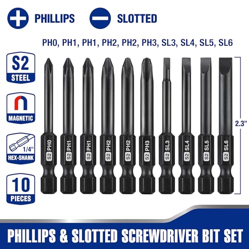 WORKPRO 10pcs Slotted Phillips Screwdriver Bit Set, CNC Machined S2 Steel Magnetic Screwdriver Bits Set, 1/4 Inch Hex Shank Driver Bits, 2.3 Inch Long Screwdriver Bits Set with Storage Box - color: Phillips&slotted