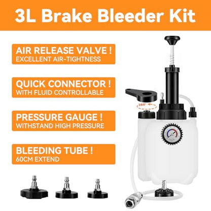 3L Brake Bleeder Kit, Manual Brake Bleeder Vacuum Pump Kit, Brake Fluid Bleeder Kit With 1l Brake Bleeder Bottle And 4 Master Cylinder Adapters, Brake Bleeding Kit Suitable for Most Vehicles
