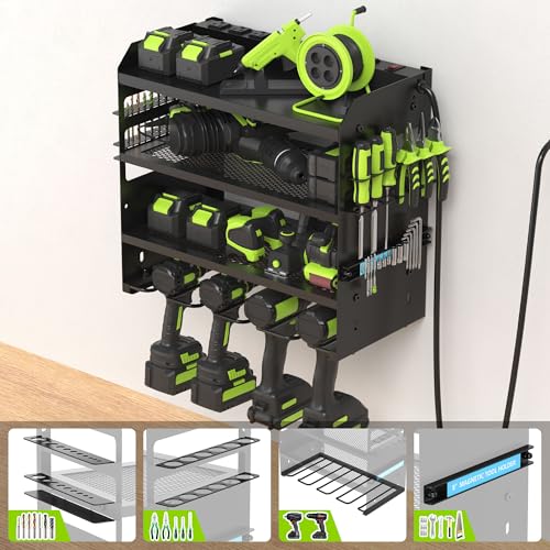 HUPBIPY Modular Power Tool Organizer Wall Mount Drill Holder Garage Shelf | 4 Layer Heavy Duty Rack with Charging Station Drill Holders and Magnetic Tool Holder Strip Tool Battery Holder Gift for Men - color: Black 1 pack