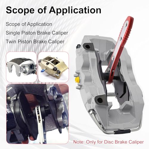 Brake Caliper Compression Tool Kit, Caliper Piston Compressor Tool, 360° Ratchet Piston Press with 4 Hooks & 2 pcs Large Steel Plate for Single Twin Quad Sextuplet Piston Disc Brake Caliper (Red)