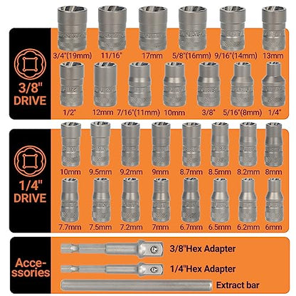 Upgrade Bolt Extractor Set, 32PCS Impact Bolt & Nut Remover Set, Stripped Lug Nut Remover, Extraction Socket Set for Removing Damaged, Frozen, Rusted, Rounded-Off Bolts, Nuts & Screws - size: 32 Pieces