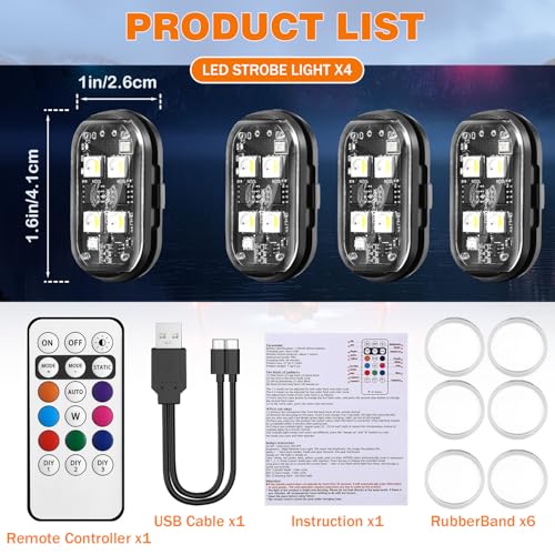 4LEDs Wireless LED Strobe Lights, Rechargeable Anti-Collision Warning Light | 4PCS Waterproof Emergency Light with Remote Control, flashing lights for Car Drone Bike Aircraft, Halloween Decorative Lights - size: 4PCS (Upgraded 4LEDs)