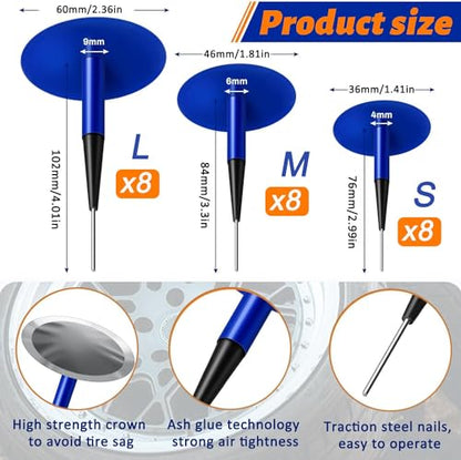 24PCS Car Tire Patch Kit Rubber Tire Repair Patch Mushroom Tire Plugs | Puncture Repair Plug for Car Truck Motorcycle Bike Tire Repair Patch Tools (0.16 x 1.42, 0.24 x 1.89, 0.35 x 2.36 in)