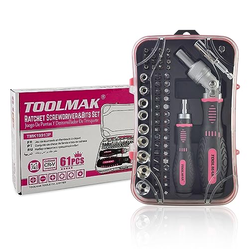 TOOLMAK Ratcheting Screwdriver Set, 61pcs Socket & Precision Bit Set | Cr-V Steel, Rotatable Ratchet Handle & Storage Case, Ideal for Bikes, Electronics, Watches & Glasses - style: 61pcs Pink Ratchet Screwdriver