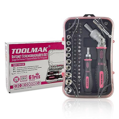 TOOLMAK Ratcheting Screwdriver Set, 61pcs Socket & Precision Bit Set | Cr-V Steel, Rotatable Ratchet Handle & Storage Case, Ideal for Bikes, Electronics, Watches & Glasses - style: 61pcs Pink Ratchet Screwdriver