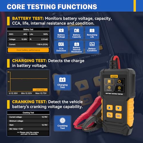 AUTOOL Car Battery Tester 12V 24V Battery Load Tester 30-2000 CCA Automotive Battery Tester, Cranking Charging System Analyzer, Color Screen Data Review Reverse Polarity Protection