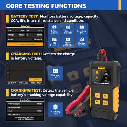 AUTOOL Car Battery Tester 12V 24V Battery Load Tester 30-2000 CCA Automotive Battery Tester, Cranking Charging System Analyzer, Color Screen Data Review Reverse Polarity Protection