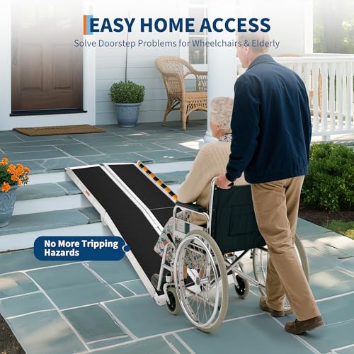 Portable Wheelchair Ramp Heavy Duty Aluminum Folding Ramp w/Non-Slip Surface, 600Lb Capacity, Threshold for Home Steps, Scooter for Car, Doorways, Curbs & Stairs (Foldable, Lightweight, Safety Lock) - size: 6 ft
