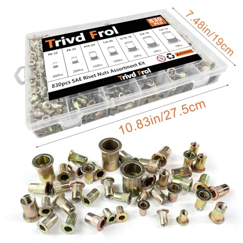 Trivd Frol Rivet Nut Tool Kit, 830pcs SAE/Metric Rivet Nut Assortment Kit #6-32, #8-32, #10-24, 1/4-20, 5/16-18, 3/8-16, 1/2-13, w Galvanized Carbon Steel Flat Head Threaded Insert Nuts (SAE - 830pcs) - size: SAE - 830 pcs