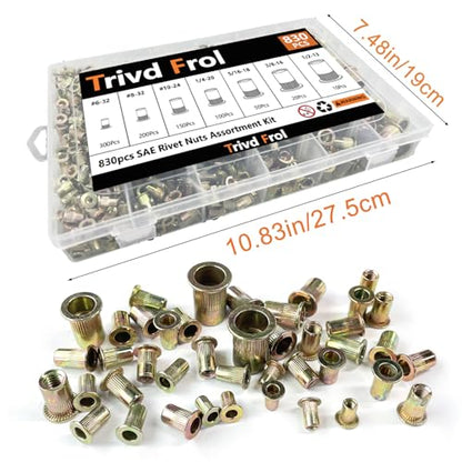 Trivd Frol Rivet Nut Tool Kit, 830pcs SAE/Metric Rivet Nut Assortment Kit #6-32, #8-32, #10-24, 1/4-20, 5/16-18, 3/8-16, 1/2-13, w Galvanized Carbon Steel Flat Head Threaded Insert Nuts (SAE - 830pcs) - size: SAE - 830 pcs