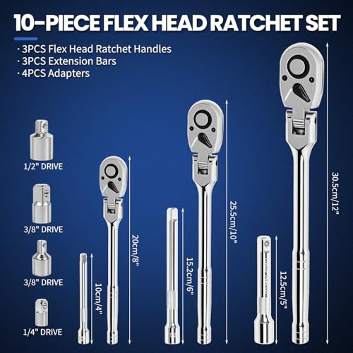 10-Piece Flex Head Ratchet Set, 1/4 3/8 1/2 Inch Drive, Swivel Head Ratchet Wrench with Extension Bars & 4 Adapters, 72-Tooth Quick-Release, EVA Storage Case for Auto & DIY Repairs - color: 10pcs