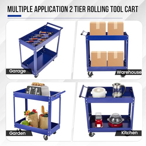 2 Tier Rolling Tool Cart,330 LBS Metal Heavy Duty Utility Cart On Wheels,2 Shelf Steel Utility Cart, Tool Storage Organizer for Mechanic, Garage, Workshop, Warehouse & Repair Shop