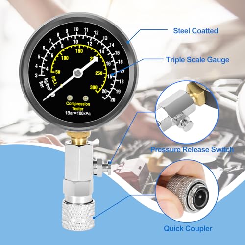BETOOLL 14pcs Compression Tester with Spark Plug Tester & Brake Fluid Liquid Tester Pen - 300PSI Engine Cylinder Compression Gauge Automotive Tool - size: Premium