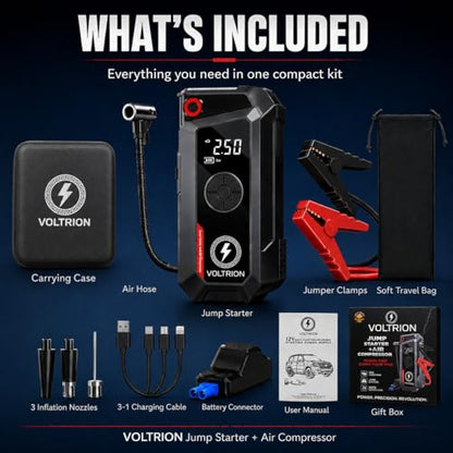 Jump Starter with Air Compressor, 1500A Car Battery Booster 150PSI | 150PSI auto-stop tire inflator, 12000mAh power bank & LED light. Starts 12V gas & diesel, compact cars to semi-trucks