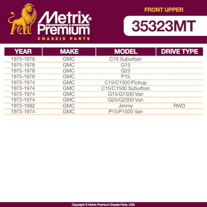 Metrix Premium Chassis Parts Ball Joint Fits Chevrolet R1500 Suburban 89-91 | R10 87, R10 Suburban 87-88, Chevrolet Suburban (Mexico) 87-91, GMC P1500 79-80, C15 75, Front Upper, Replacement K6136 - size: 35323MT