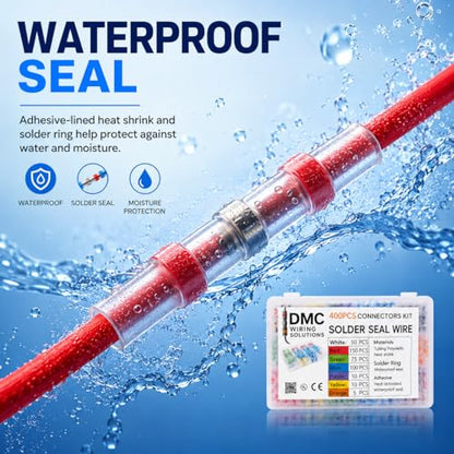 Solder Seal Wire Connectors Kit, 400 PCS Waterproof Heat Shrink Butt Connectors for Automotive, Marine, and DIY Electrical Wiring