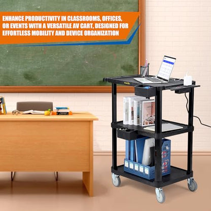 ELAFROS 3-Tier Heavy Duty AV Cart with Power Strip, 27.5 x 18.25 in | 330 lbs Capacity, Flat Top Shelves, Industrial Rolling Cart, Swivel Wheels, AV Equipment Stand, Work Cart, Organizer - style: With Power Strip
