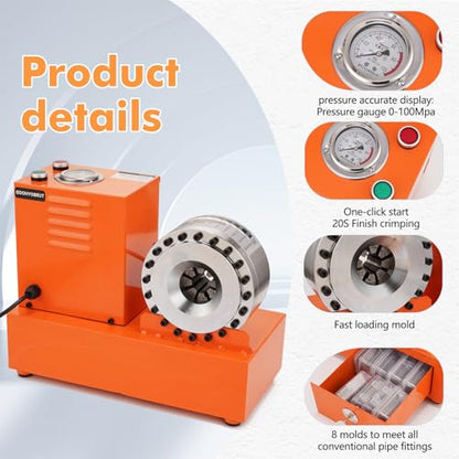Electric Hydraulic Hose Crimper Tool with 8 Dies – 110V Portable Crimping Machine for AC Lines, Automotive, Excavators, Agricultural Equipment – Multi-Diameter Hydraulic Pipe & Fuel Line Crimper Kit