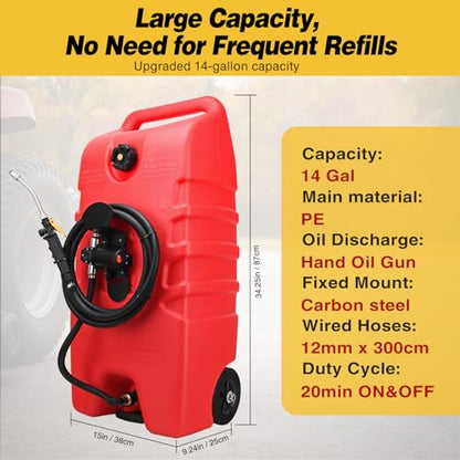 GOOACC 14 Gallon Fuel Caddy, Portable Fuel Transfer Tank with 12V DC Electric Pump, Heavy-Duty Empty Gasoline/Diesel Storage Container with Wheels and 10FT Hose for Motorcycles Boats Lawn Mowers, Red - size: 14 Gal Electric