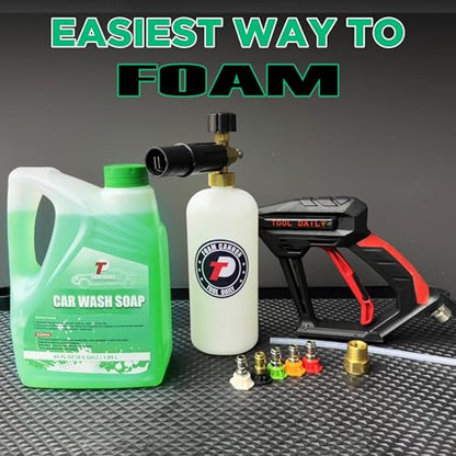 Tool Daily Short Pressure Washer Gun with Foam Cannon, Car Wash Soap 64 Oz, 5 Power Washer Nozzle Tips, 1/4 Inch Quick Connect - style: Foam Gun with Soap