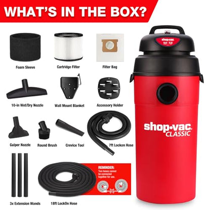Shop-Vac 5 Gal 5.5 HP Wet/Dry Vacuum, Wall Mount, 9522236 | 25ft Long Reach (18ft Hose+7ft), 14 Attachments & Accessories, Compact & Portable, Ideal for Garage, Car, Workshop & Jobsite - size: 5 gallon