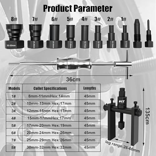 SGT 12pcs Blind Hole Collet Bearing Puller Set,Internal Bearing Extractor Puller Kit,Motorcycle Bicycle Wheel Bearing Removal Tool,Slide Hammer Bearing Puller with Expandable Collets 8-32mm