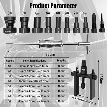 SGT 12pcs Blind Hole Collet Bearing Puller Set,Internal Bearing Extractor Puller Kit,Motorcycle Bicycle Wheel Bearing Removal Tool,Slide Hammer Bearing Puller with Expandable Collets 8-32mm
