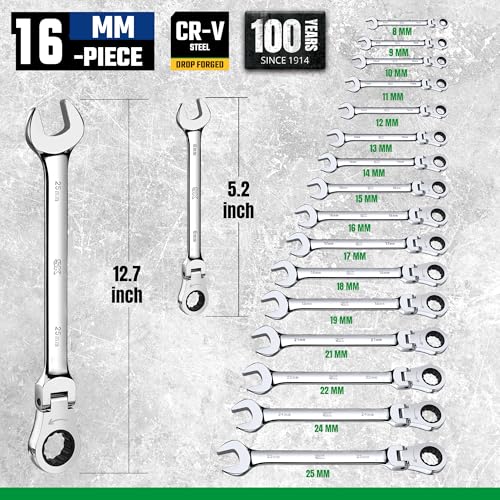 SK Flex-Head Ratcheting Wrench Set, Combination Wrench Set, 16-Piece, Metric 8 to 25mm, 72-Tooth, Premium CR-V Construction, with Rolling Pouch