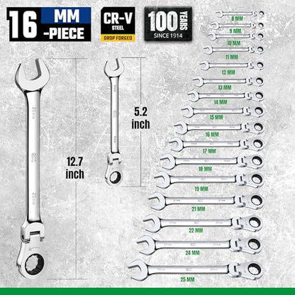 SK Flex-Head Ratcheting Wrench Set, Combination Wrench Set, 16-Piece, Metric 8 to 25mm, 72-Tooth, Premium CR-V Construction, with Rolling Pouch