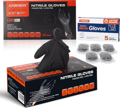 ANBOSON Nitrile Gloves with 5 Pair Travel Package, Disposable Gloves, XL - color: Black of 110, size: X-Large