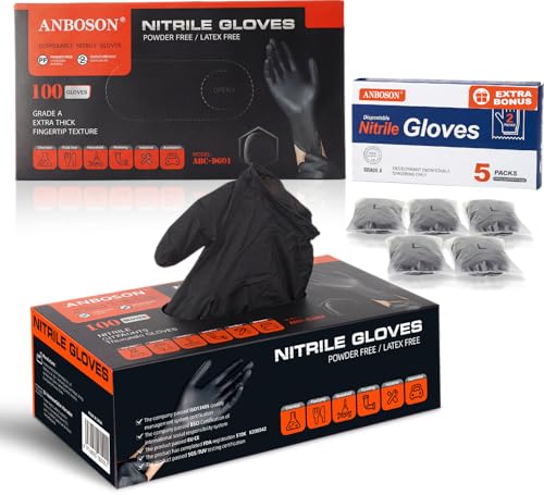 ANBOSON Nitrile Gloves with 5 Pair Travel Package, Disposable Gloves, M - color: Black of 110, size: Medium