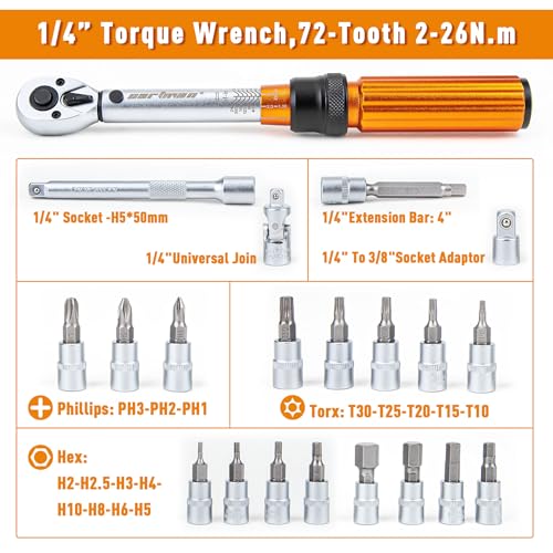 CARTMAN 1/4-Inch Drive Click Torque Wrench, Dual Range Bike Repair Tool Set | Dual range click torque wrench with quick release, reversible ratchet, calibrated accuracy for MTB, e-bike, and moto fix use. - style: 1/4 Inch Drive
