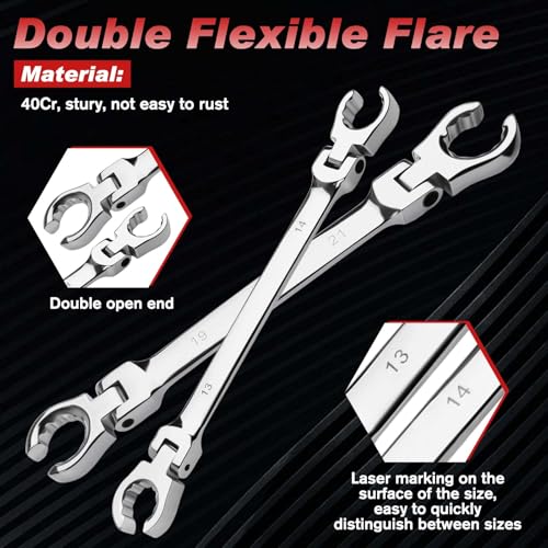 6 Piece Flex Head Flare Nut Wrench Set Metric 9-21mm, 40 Cr Double Open End Brake Line Wrench for Automotive Brake, Fuel, AC Lines and Plumbing Repairs, Flex Tools with EVA Storage Tray - style: 6 Piece
