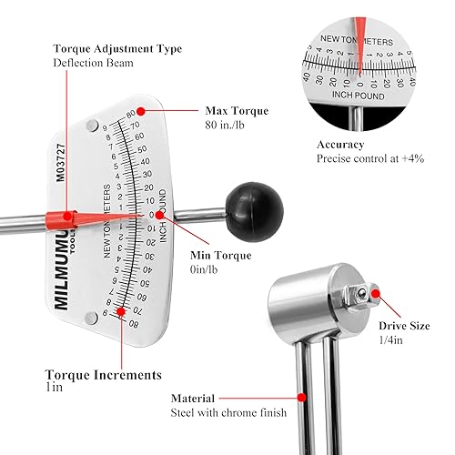 MILMUMU 1/4" Drive Beam Torque Wrench Precision Instrument | Compatible with SAE and MM Bicycle and Automotive Wrench -0-80 Inch-Pounds, 0-9 Newton Meters