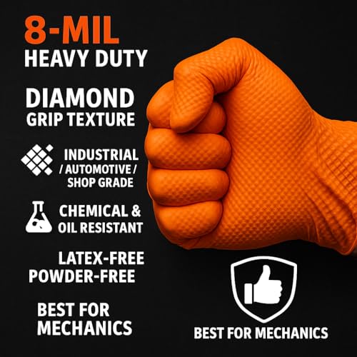 AroCare 8 Mil Orange Nitrile Gloves,3D Raised Diamond Texture-Latex & Powder Free-Industrial, Mechanic - size: Large, style: Box of 100