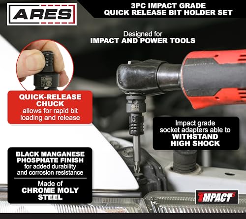 ARES 22035 – 3-Piece Impact Grade Quick Release Bit Holder Set – 1/4-Inch, 3/8-Inch, and 1/2-Inch Drive - Compatible With 1/4-Inch Hex Shank Bits - Quick Release Mechanism for Rapid Attach and Release - size: 3-Piece Impact Grade Quick Release Bit Holder
