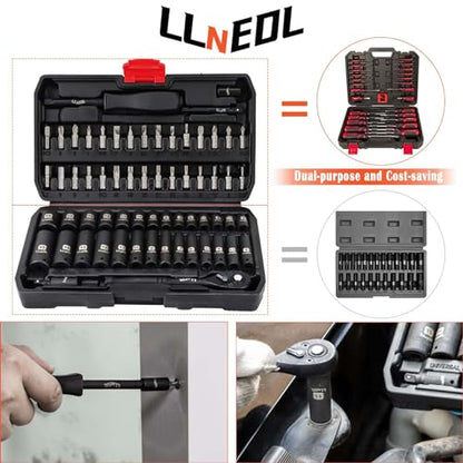 LLNEDL 1/4 inch Impact Socket Set, 63 Piece Drive Socket Wrench Set Metric (4-15mm) Deep and Shallow 6 Point, Automotive Tool Kit with 72T Ratchet for Bicycle & Car Repairing - size: 63pcs 1/4 inch socket set