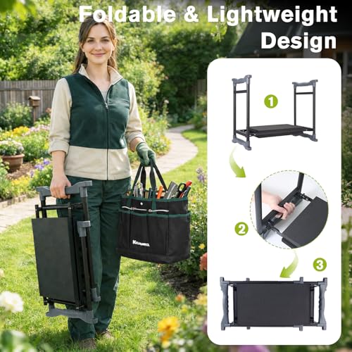 Garden Kneeler and Seat with Umbrella, 2-in-1 Foldable Gardening Stool with Adjustable Bracket, Detachable Tool Bags, Heavy Duty Kneeling Pad for Gardening (Beige Green) - color: Beige & Green