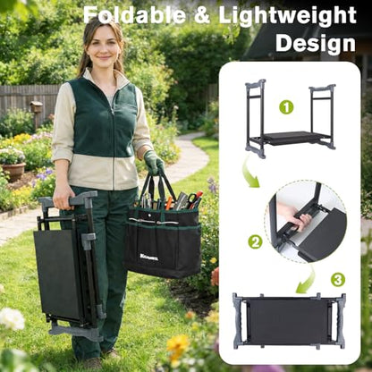 Garden Kneeler and Seat with Umbrella, 2-in-1 Foldable Gardening Stool with Adjustable Bracket, Detachable Tool Bags, Heavy Duty Kneeling Pad for Gardening (Beige Green) - color: Beige & Green