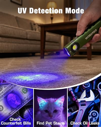 WORKPRO Rechargeable Flashlight, Magnetic EDC Flashlight Rechargeable, Flat Pocket Flashlight with UV Light, Slim LED Flashlight for Camping, Garage, Car Repair and Emergency-Green - color: Green