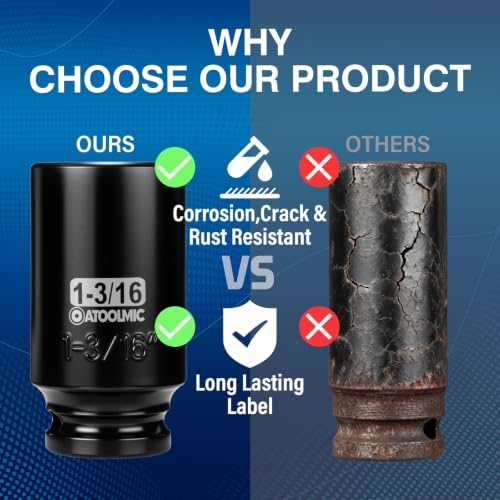 1/2" Drive x 1-3/16 Inch Deep 6PT CR-MO Impact Socket for Removing Axle nut | SAE Socket,6-Point Radius Corner Design,Two Size Markings,Square Chamfered Opening,For Removal of Axle Nut - size: 1-3/16 Inch, style: 1/2" Drive Deep Socket