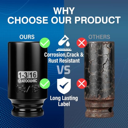 1/2" Drive x 1-3/16 Inch Deep 6PT CR-MO Impact Socket for Removing Axle nut | SAE Socket,6-Point Radius Corner Design,Two Size Markings,Square Chamfered Opening,For Removal of Axle Nut - size: 1-3/16 Inch, style: 1/2" Drive Deep Socket