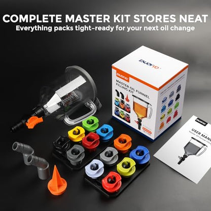 Spill-Proof Oil Funnel Kit 51oz - Master Engine Oil Change Funnel with Shut-Off Valve, 12-15 Adapters, Elbow Fitting, Arrow Screen Filter & Transparent Scale for All Cars Motorcycles