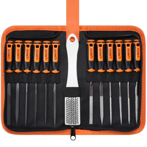 REXBETI 19Pcs Metal Needle File Set, Small Diamond Files, 12Pcs Jewlers Files and Steel Files for Precision Metal and Woodworking with 6Pcs Sandpaper, Metal Brush and Carry Case - style: 13PCS