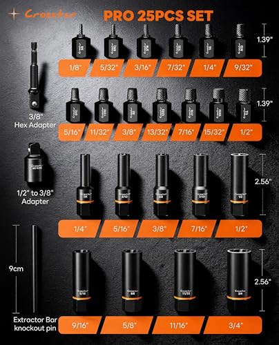 Crosstar 25PCS Bolt Extractor Kit, 3/8" Drive Screw & Nut Remover Set, Deep Socket for Stripped, Rusted, Broken Bolts, Includes Adapter, Extension Bar, Knockout Pin - size: Pro 25Pcs Set