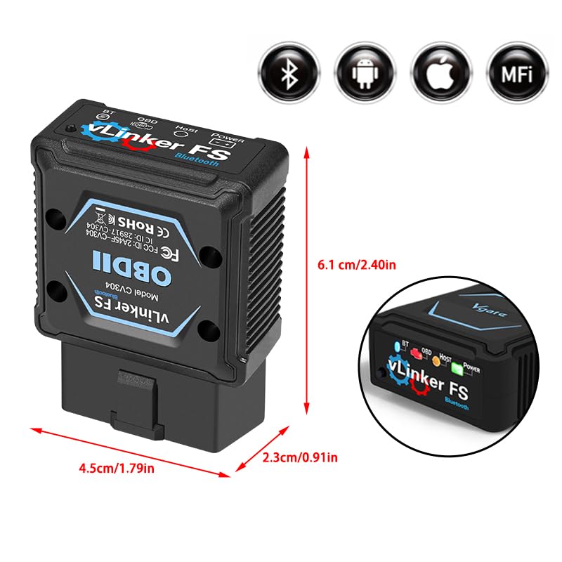 Vgate vLinker FS Bluetooth FORS-can 0BD2 Adapter for-d Fixd Car Diagnostic Tool OBD2 Scanner Bluetooth MS-CAN Work for iOS, Android & Windows, Black